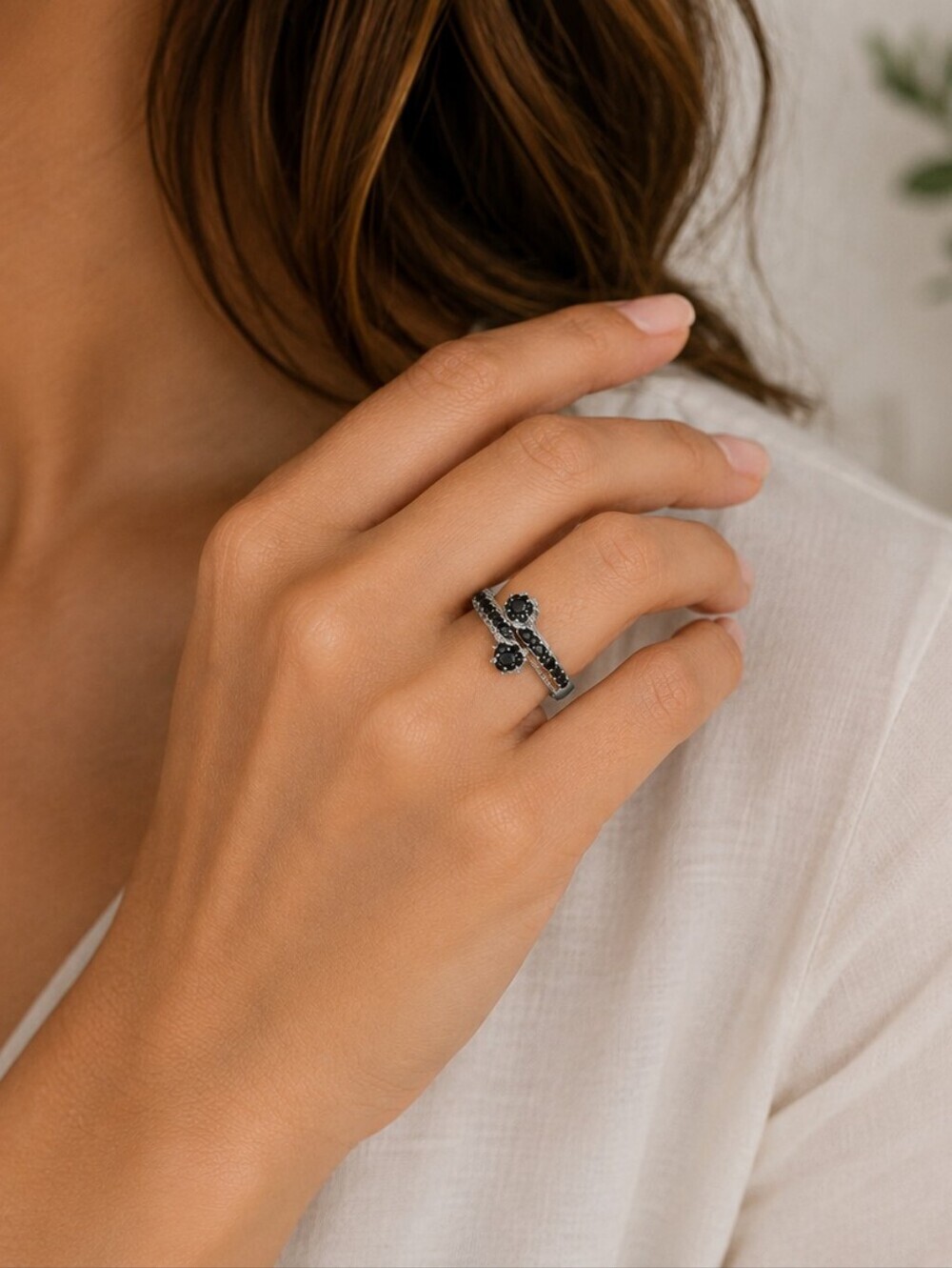Sterling Silver Black Spinel & White CZ Bypass Ring Size 7